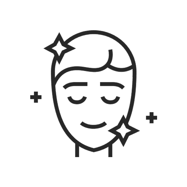 Black lined icon with a woman's face with stars and plus symbols around it