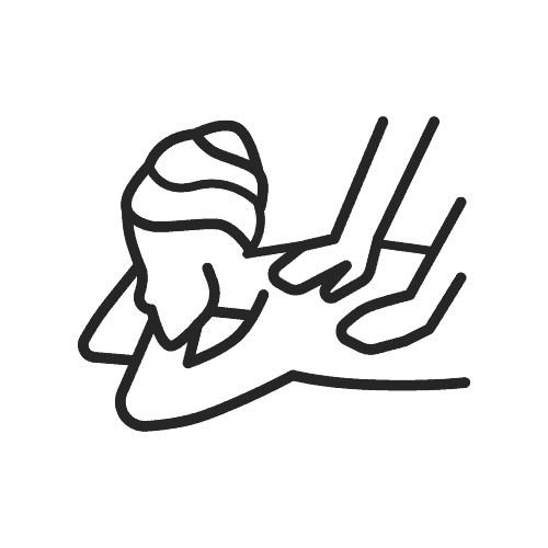 Black line icon of woman with hands on her back massaging her