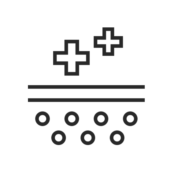 Black line icon representing skin surface with plus icon that represents healthy skin