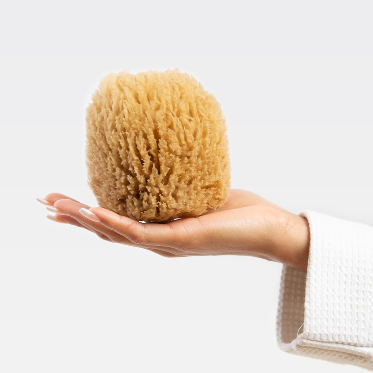 Natural Naroa Exfoliate Bath sponge held in hand light brown colour with hair like fibres circular in shape